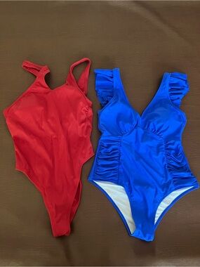 Shade & Shore Red Ribbed One-Piece Swimsuit and Blue Swimsuit